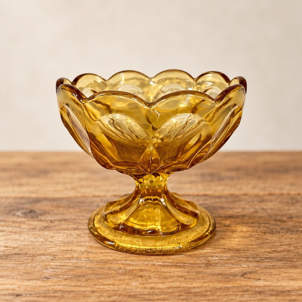 Vintage Amber Glass Footed Pedestal Bowl Floral Scalloped Candy Trinket Dish
